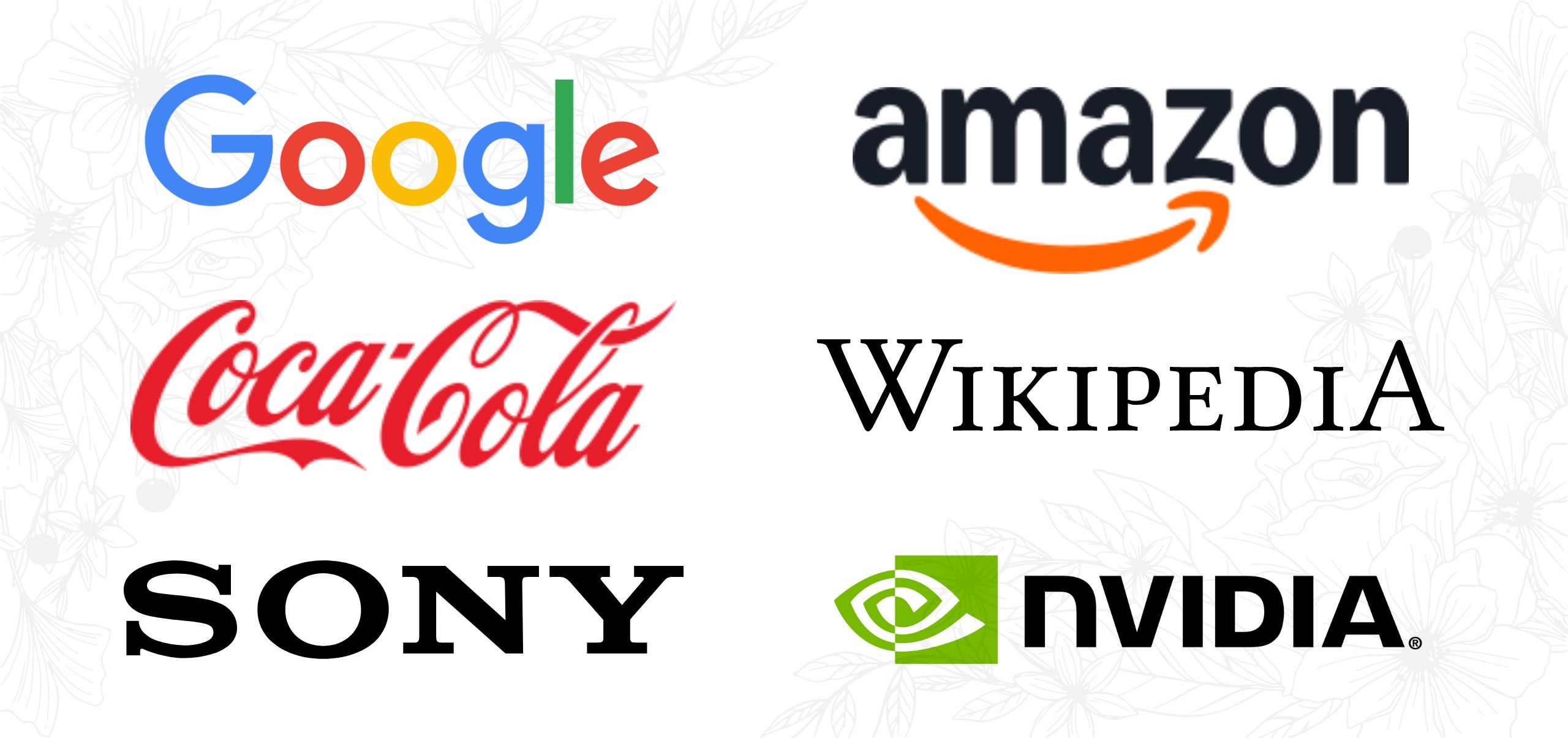 Logos of strong brand names like Google, Amazon, Coca-Cola, Wikipedia, Sony, and Nvidia