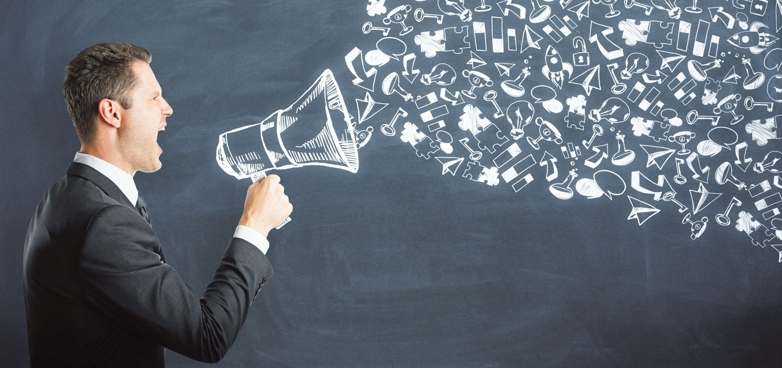 Person holding a megaphone with icons and symbols emerging