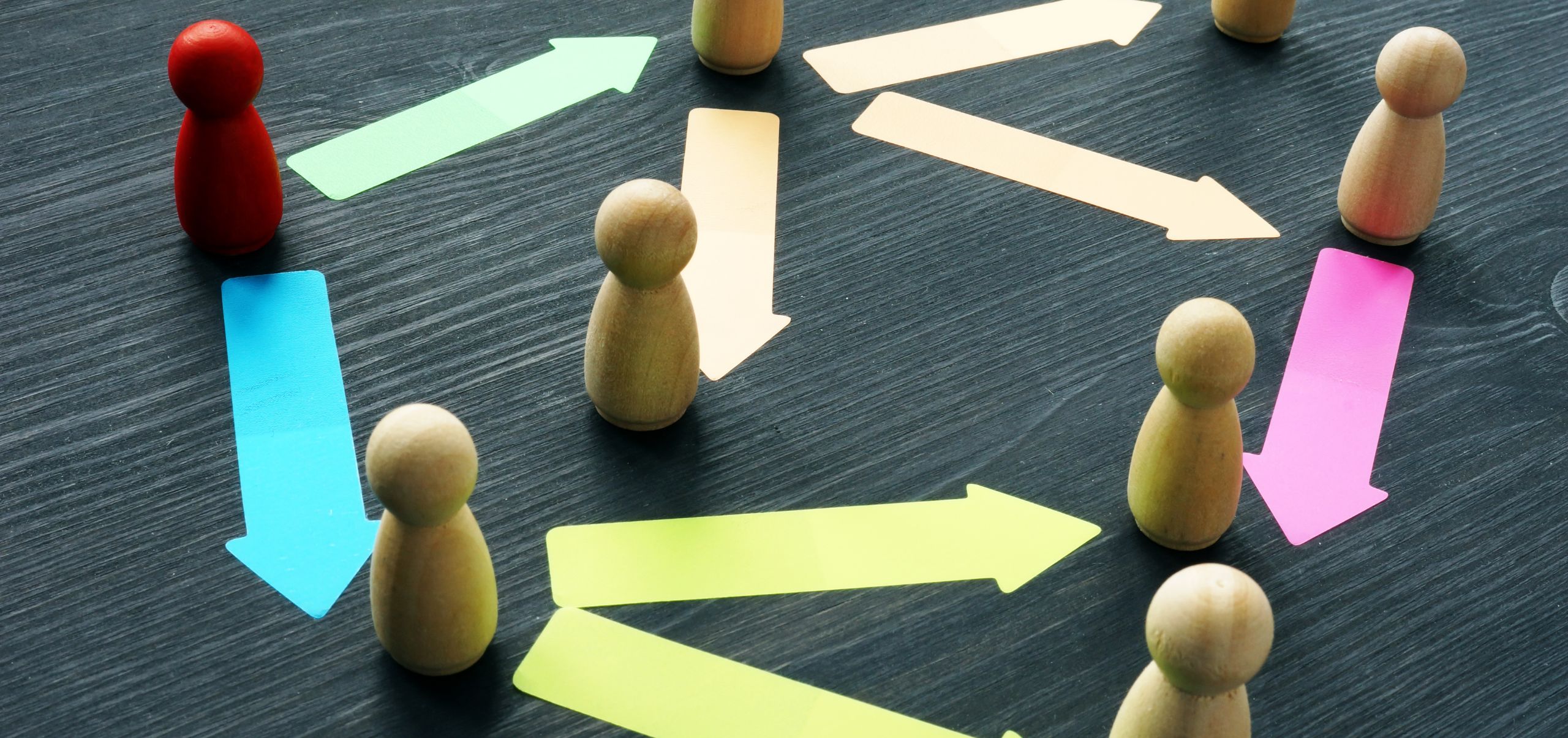 Wooden figurines arranged to illustrate delegation and accountability in team management