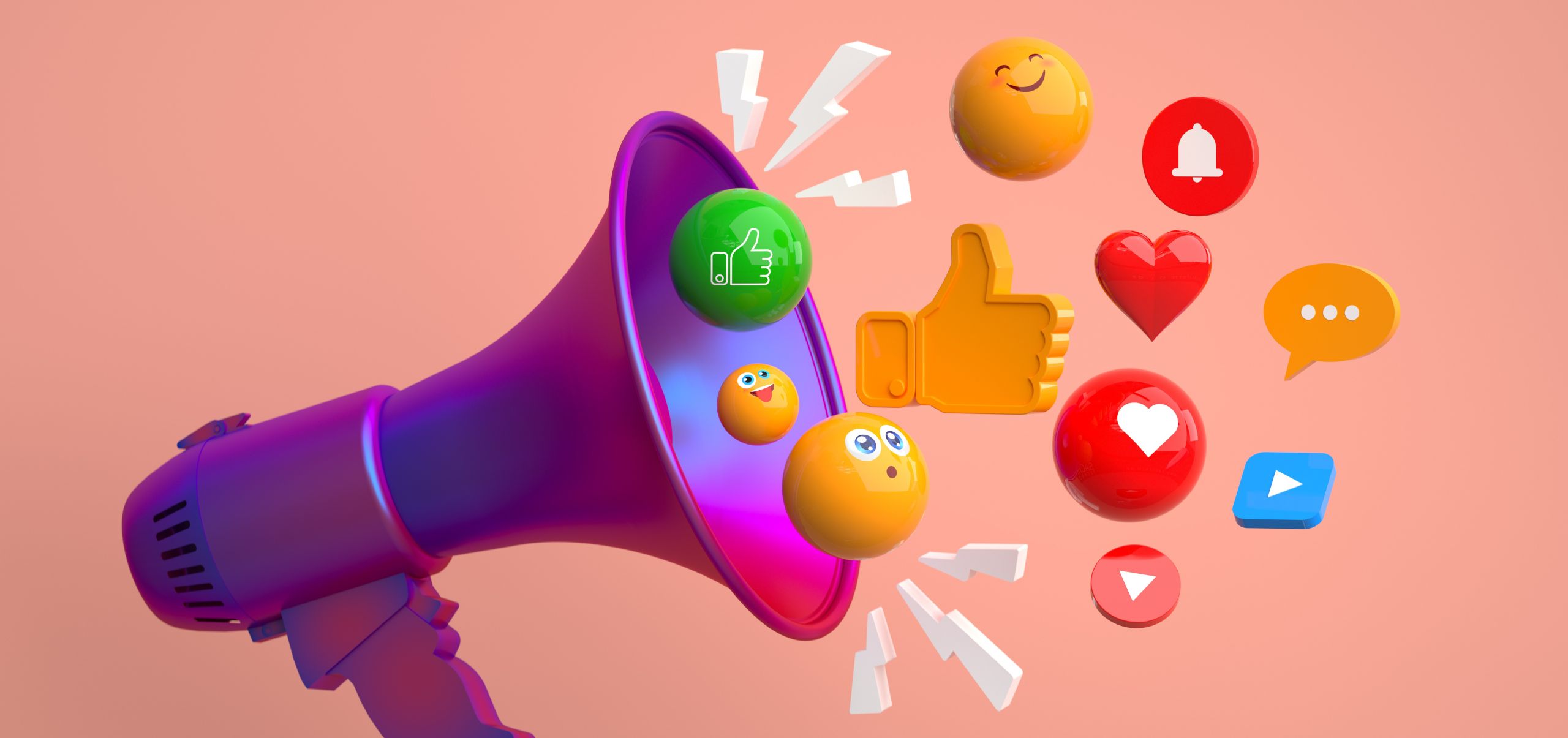 3D megaphone with emojis, likes, and love icons coming out, symbolizing digital marketing and audience engagement