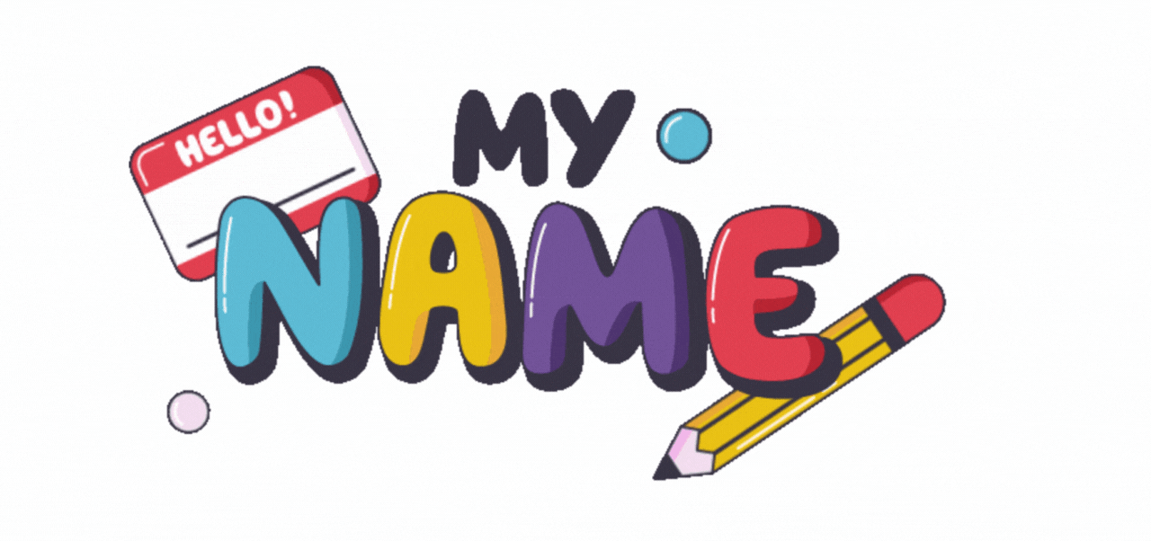 Animated pencil writing “Hello my name” to show how business names are created