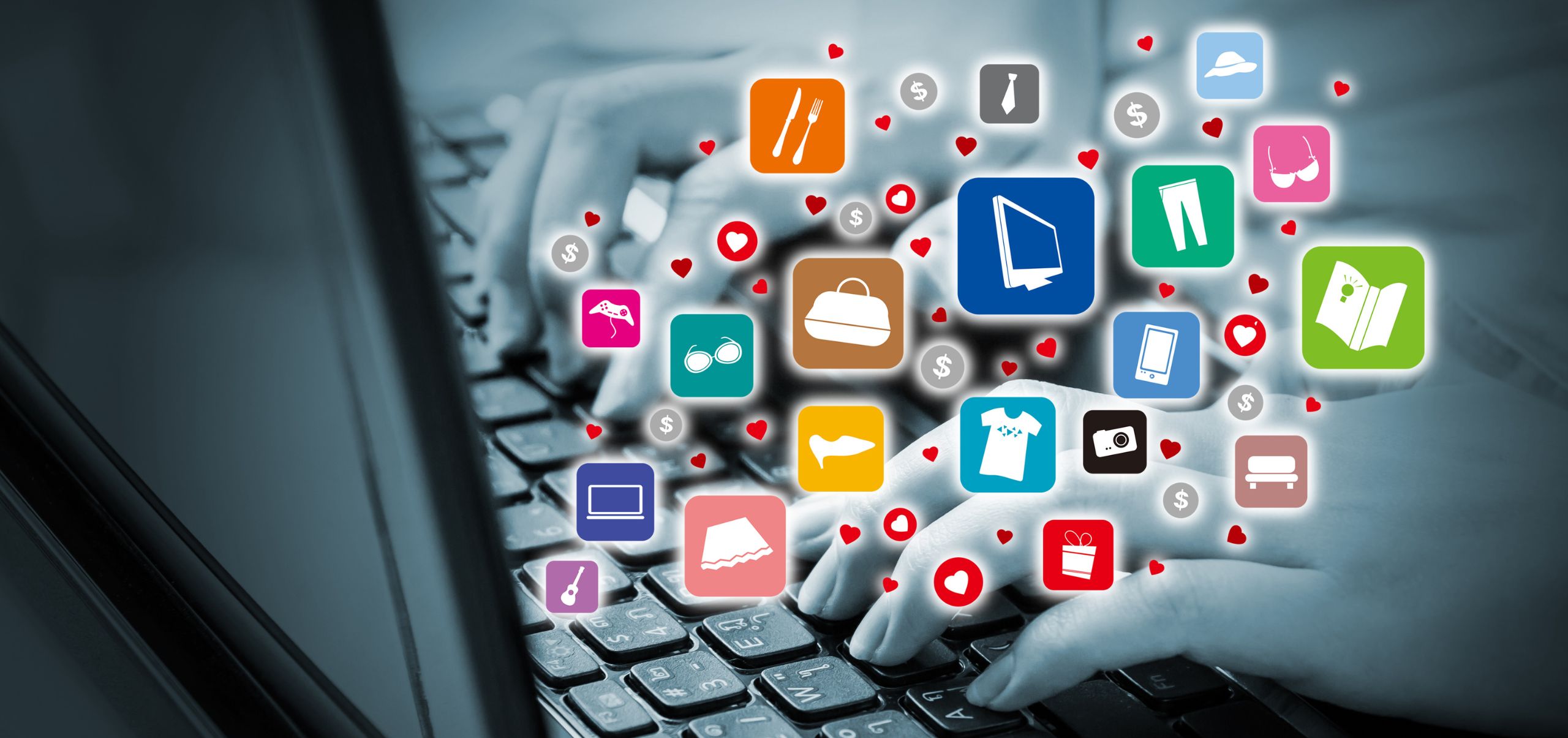 Laptop with internet icons emerging, indicating establishing an online presence for a new business