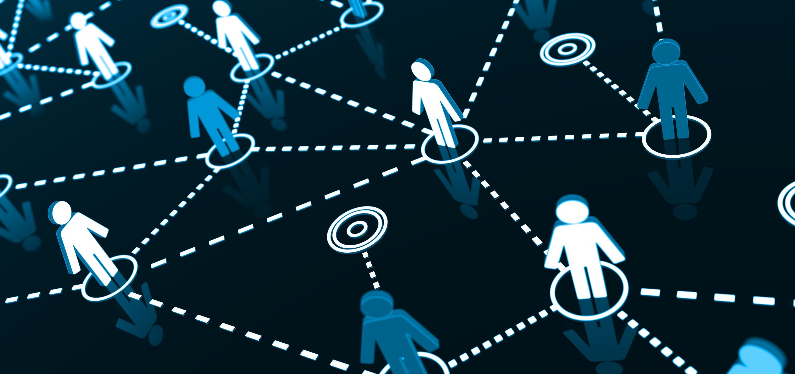 Blue and white characters connected by links, symbolizing professional networking