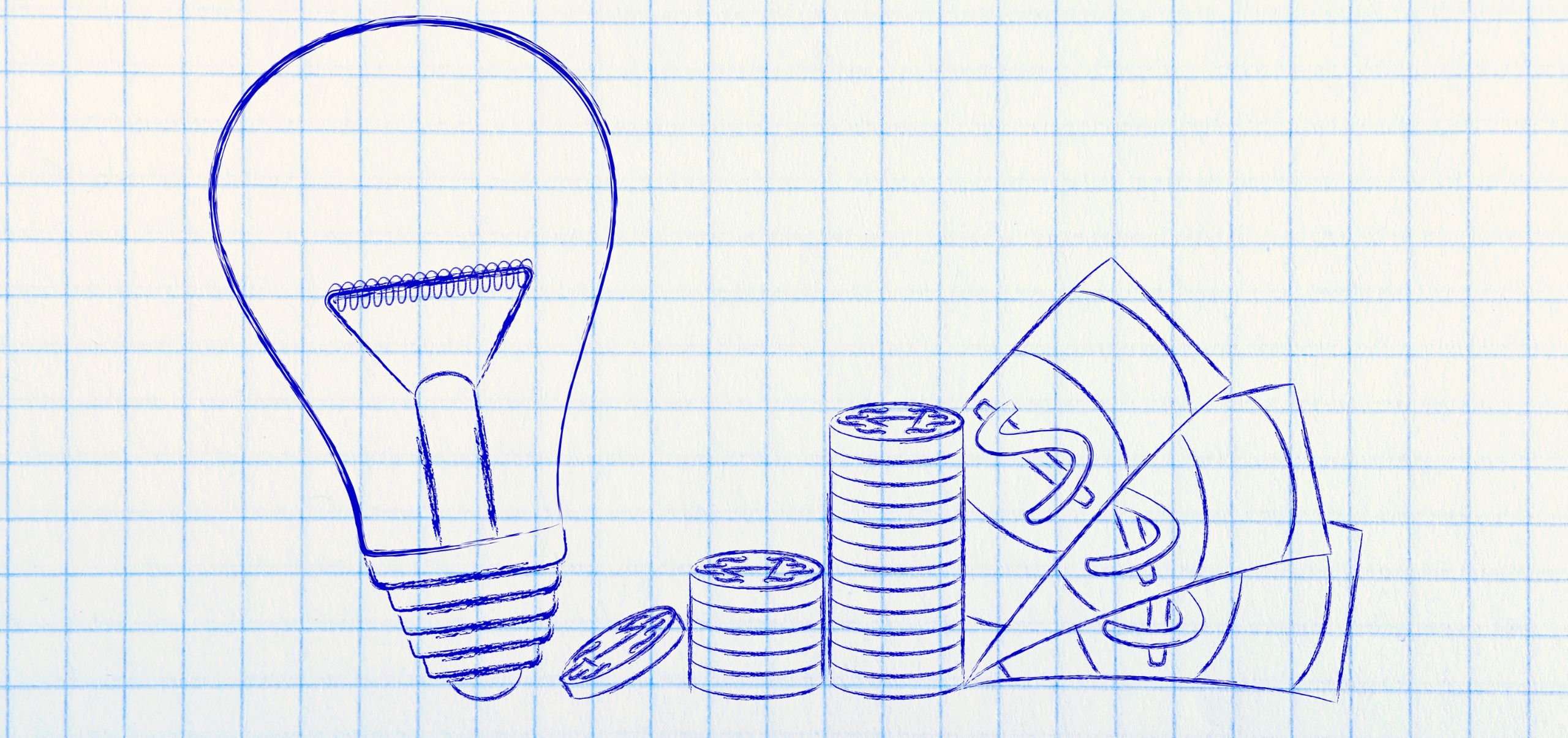 A paper with a hand-drawn light bulb and money, symbolizing generating ideas for a profitable venture