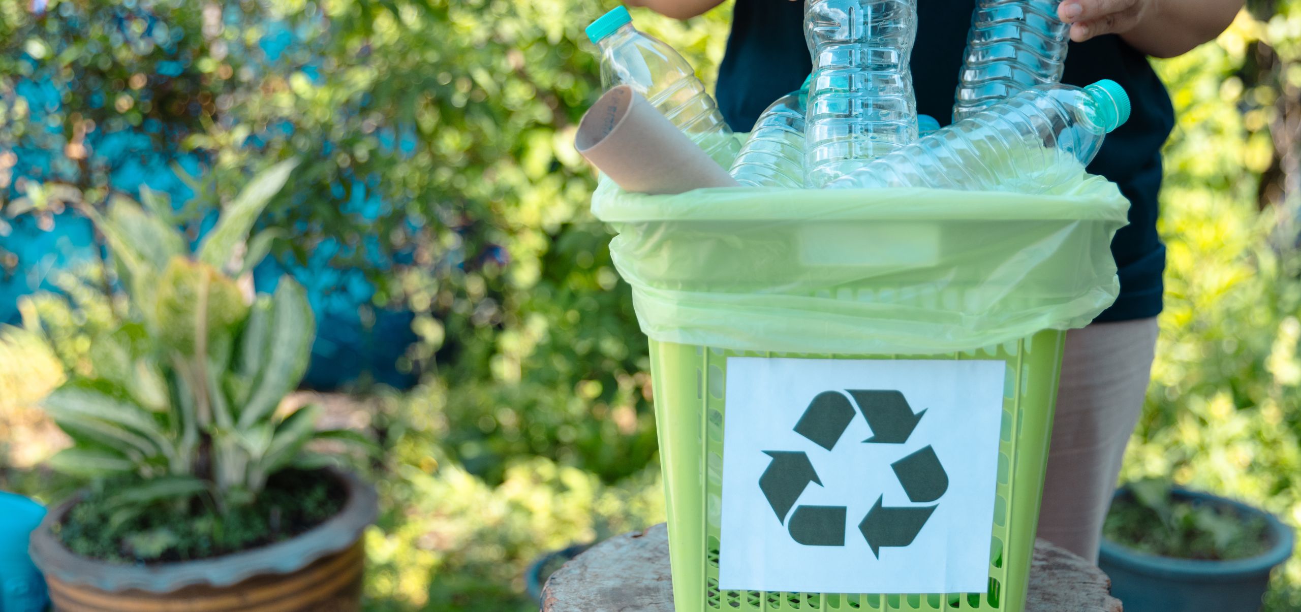 Person throwing a plastic bottle into a recycling bin already containing bottles, showing recycling