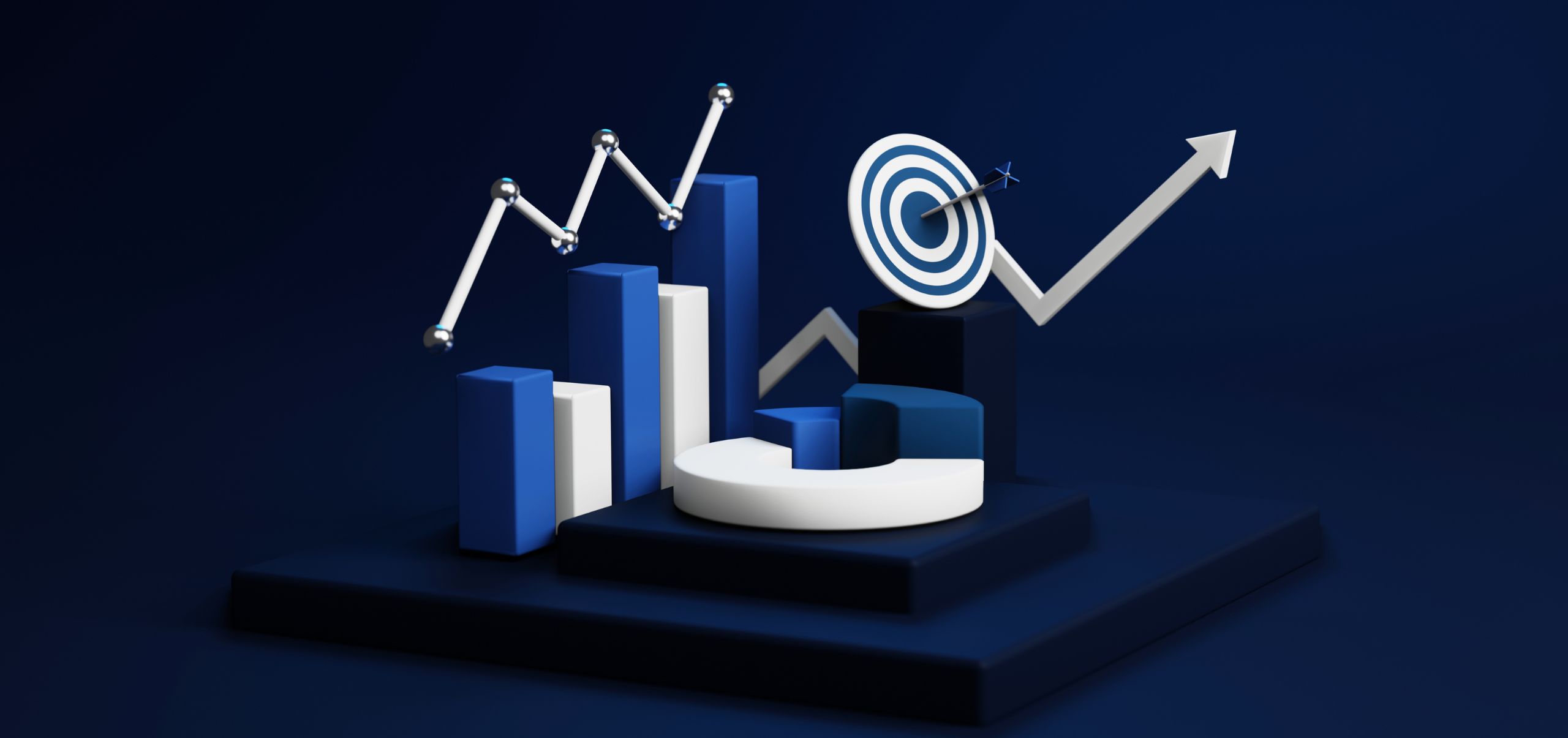 3D model showing trend icons like trend line, bar chart, target, and pie chart, representing monitoring growth and performance of a side business