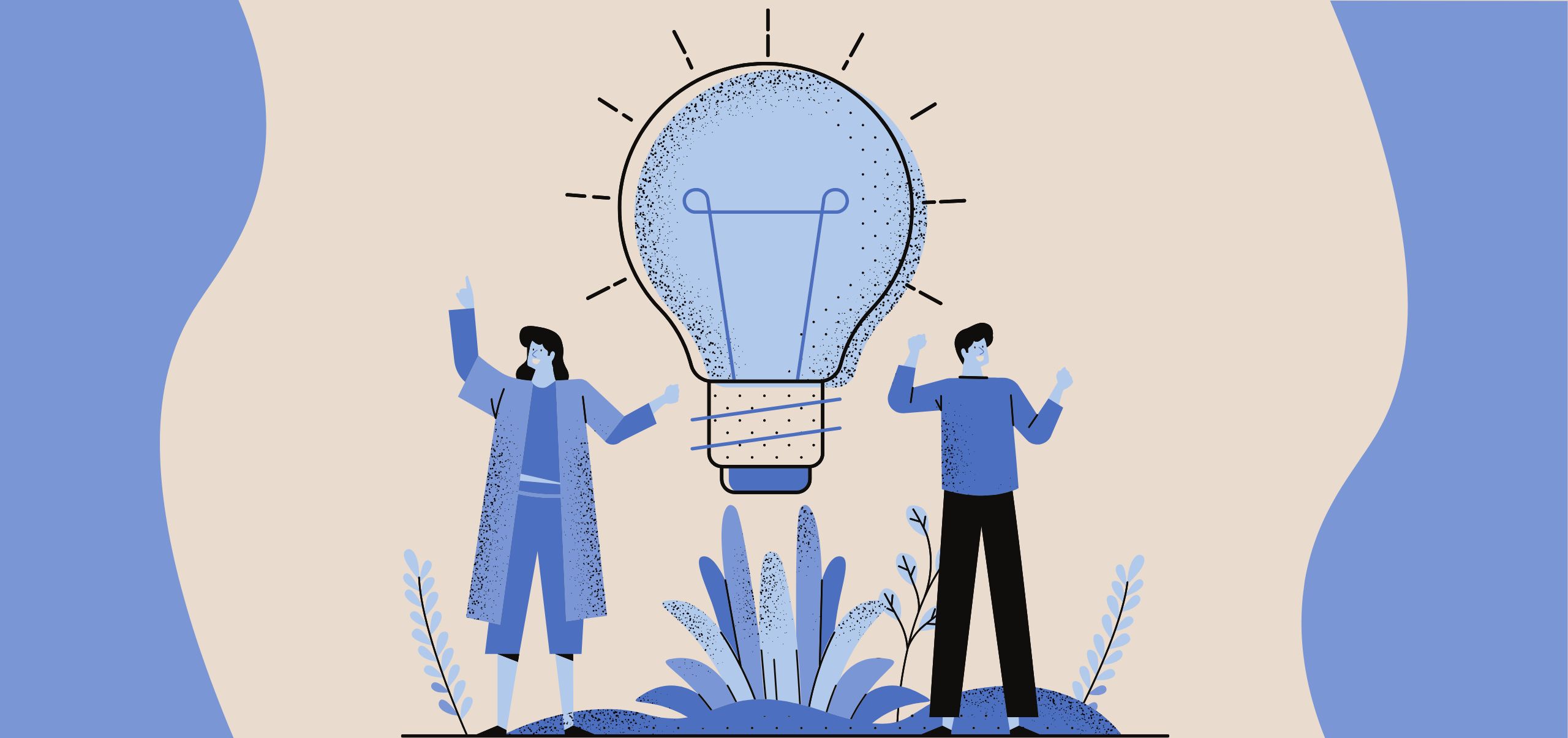 Two people holding a glowing light bulb together, representing collaborative idea creation and solutions
