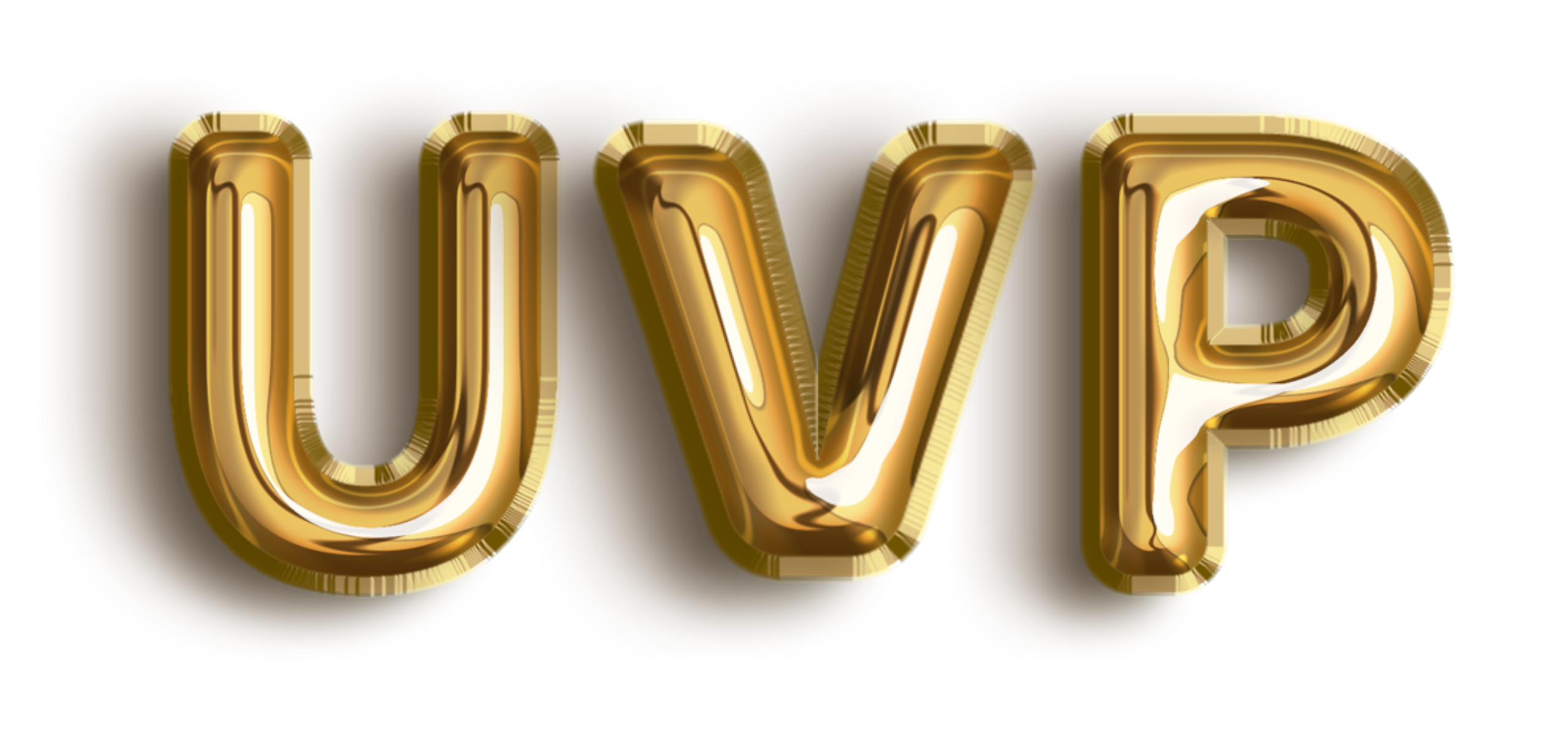 Golden balloons on a wall spelling “UVP,” symbolizing a company’s unique value proposition in the Lean Canvas Model