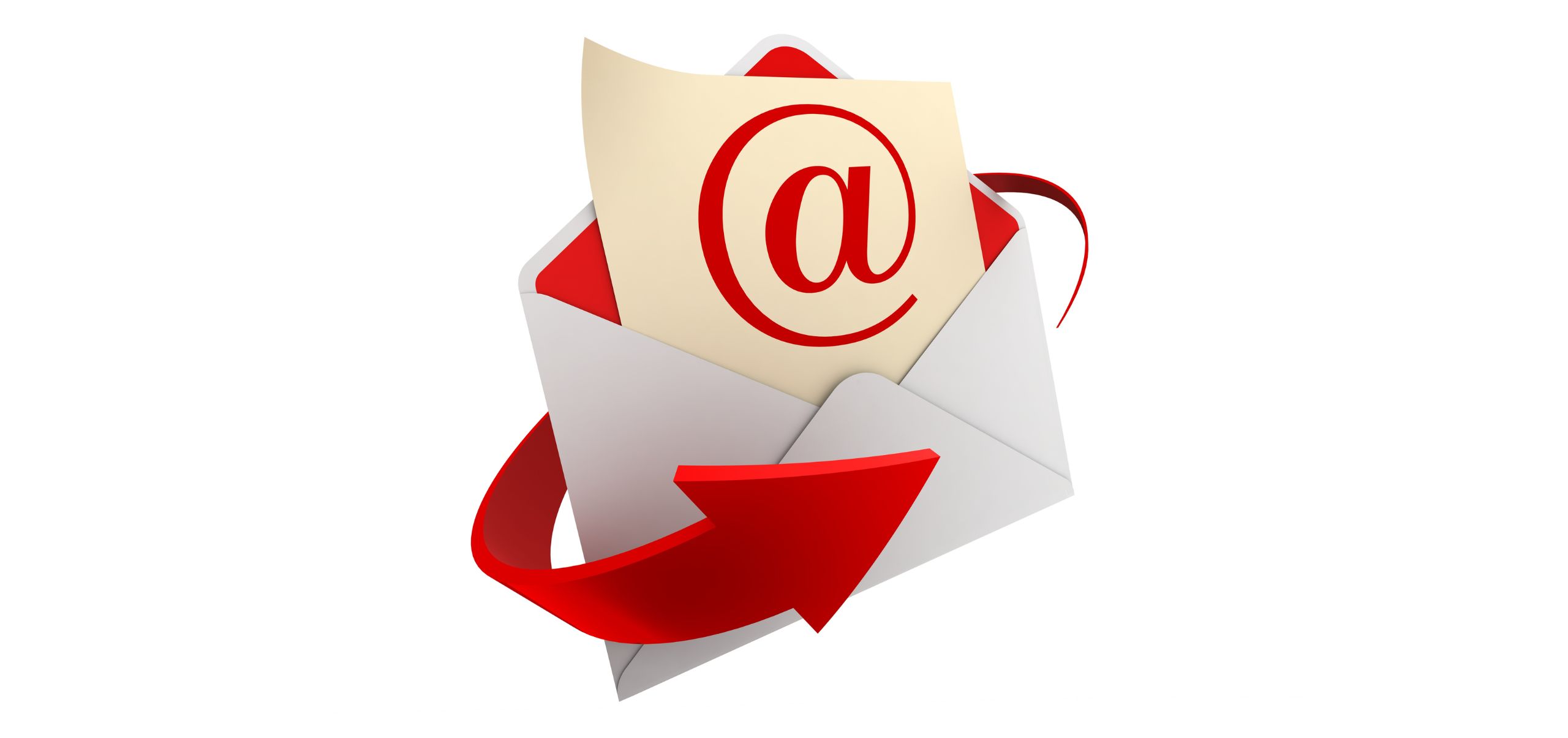 3D model of an opened email in white and red with @ symbol on the paper, showing how to write emails visually