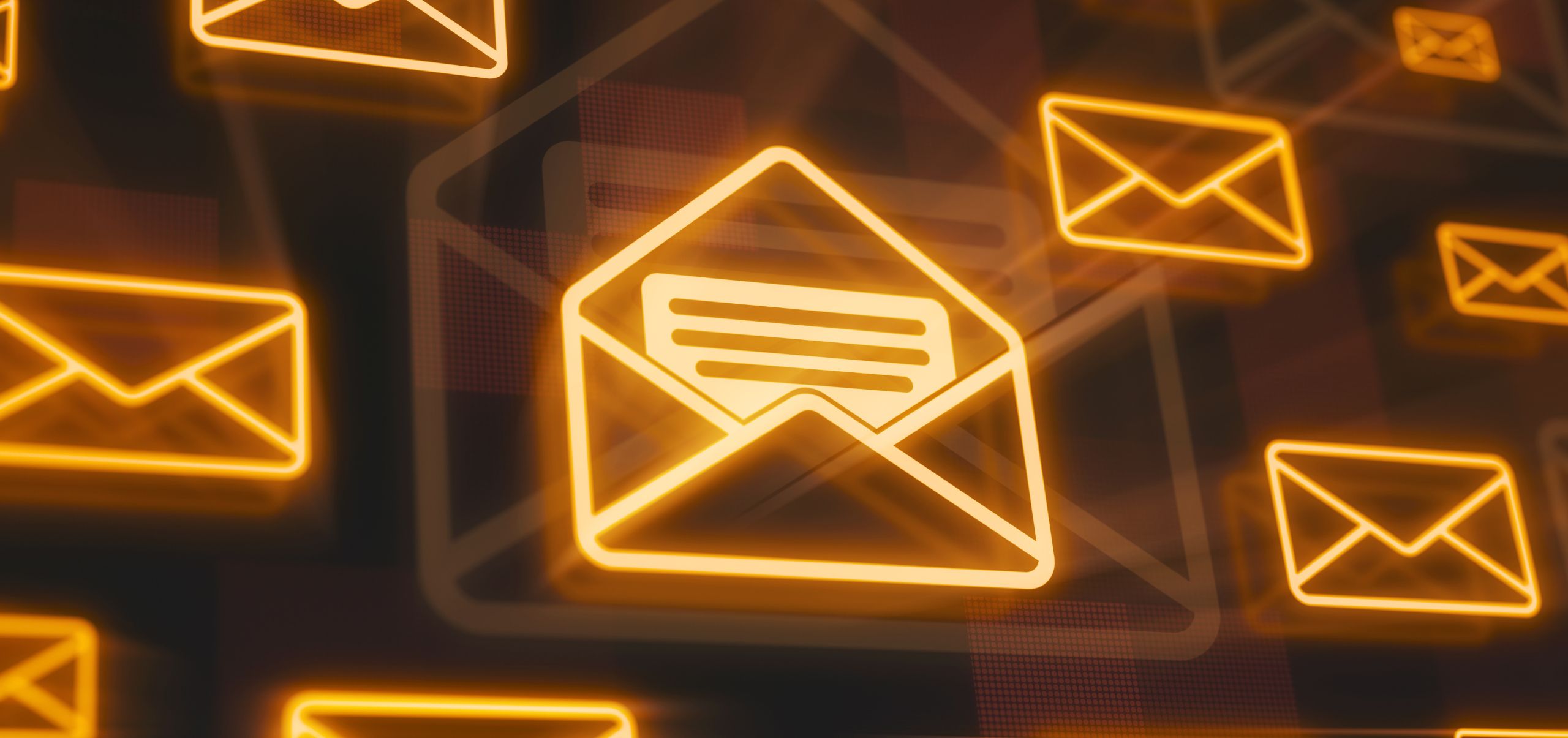 Graphic of multiple closed orange emails with one open in the middle, illustrating emails that get noticed